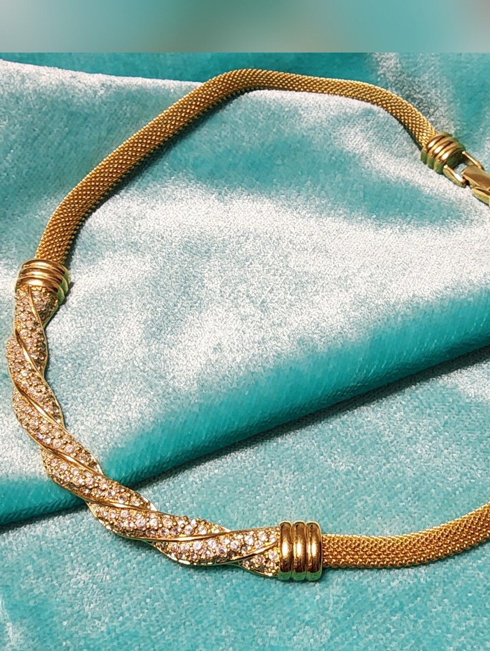 Swarovski Gold Mesh Choker Necklace Twisted Pave Crystal Signed Mint Condition